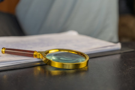 A magnifying glass in a gold frame lies on a black table. selective focus.の写真素材