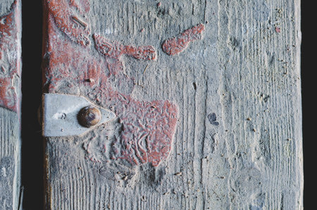 Dirty old floorboard. An aluminum tag with the number 6 nailed to the board. Stain of brown dried paint on the wooden surface. Gaps in the floor between the boards. top view.の写真素材