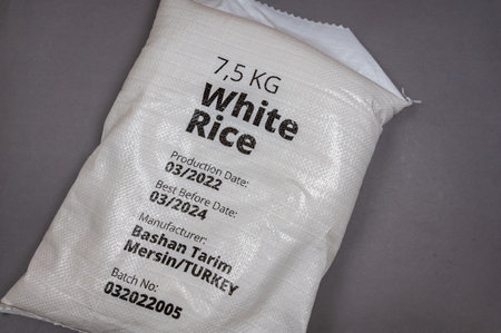 Bag of white rice. Bashan Tarim products. Turkish Food Company. Food and Grocery Products. selective focus. Ukraine, Mykolaiv - 06 23 2022.のeditorial素材