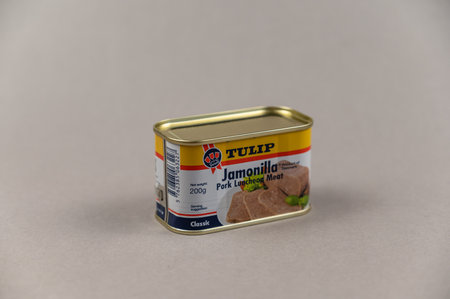 Tulip Pork Luncheon Meat. Tulip Food Company is the oldest brand in Denmark, which is more than 100 years old. Food and Food Products. selective focus. Ukraine, Mykolaiv - 06 23 2022.のeditorial素材