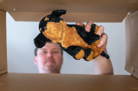 A man pulls a children's toy out of a cardboard moving box. Brown and black stuffed toy dog. bottom...