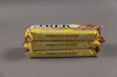 Three TREK Protein Energy Bars. A gluten-free, sugar-free snack. Products of the British company Natural Balance Foods. Healthy Foods. Ukraine, Mykolaiv - 06 22 2022のeditorial素材
