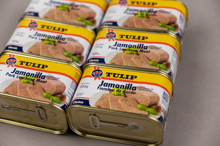 Tulip Pork Luncheon Meat. Tulip Food Company is the oldest brand in Denmark, which is more than 100 years old. Tinned food group. Food and Grocery. selective focus. Ukraine, Mykolaiv - 06 23 2022のeditorial素材