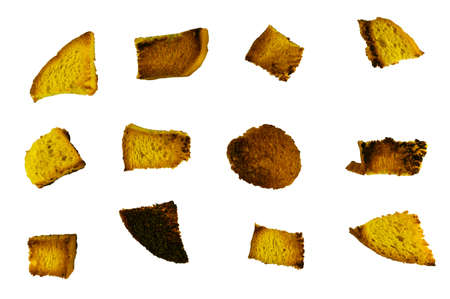 Homemade bread crumbs on a white background. Slices of toasted bread. food, ingredients.の写真素材