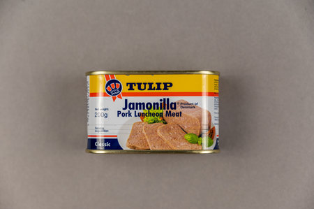 Tulip Pork Luncheon Meat. Tulip Food Company is the oldest brand in Denmark, which is more than 100 years old. Food and Food Products. selective focus. Ukraine, Mykolaiv - 06 23 2022.のeditorial素材