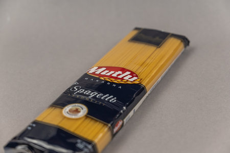 Spaghetti Packing on Grey. Products of the largest Turkish brand Mutlu Makarna. food and grocery products. Ukraine, Mykolaiv - 06 23 2022.のeditorial素材