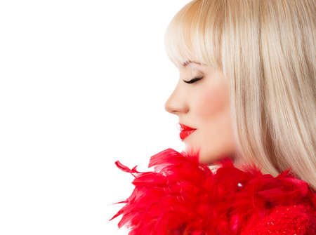 Beautiful blonde girl with red lips on white backgroundの写真素材