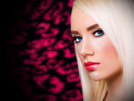 Beautiful girl with red lipsの写真素材