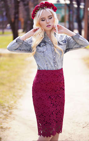 Portrait of blonde model outdoorsの写真素材