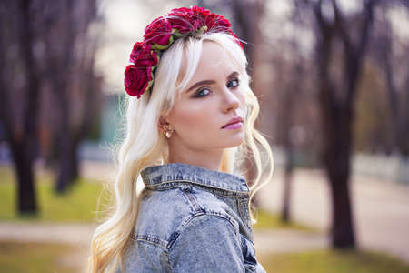 Portrait of blonde model outdoorsの写真素材