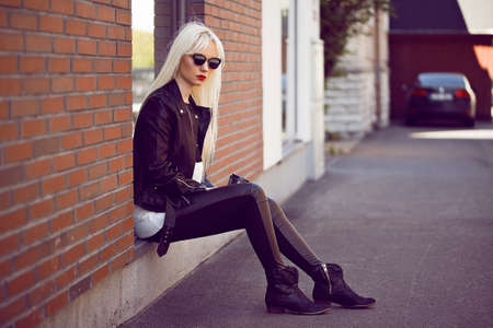 Blonde model outdoorsの写真素材
