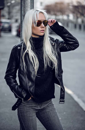 Beautiful blonde model posing outdoorsの写真素材