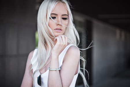 Portrait of blonde model outdoorsの写真素材