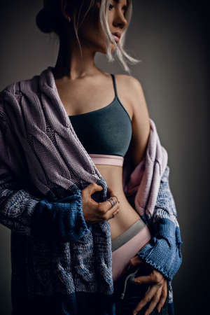 Beautiful alluring young woman in sexy lingerieの写真素材