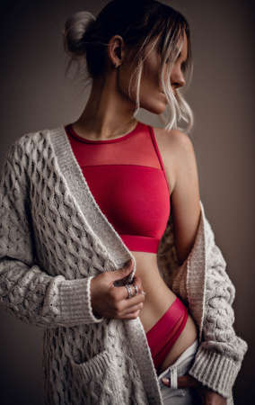 Beautiful alluring young woman in sexy lingerieの写真素材