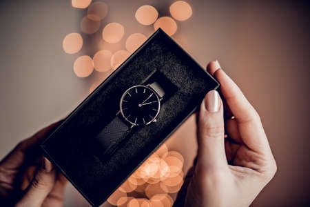 Stylish watch in gift boxの写真素材