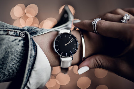 Stylish watch on woman hand