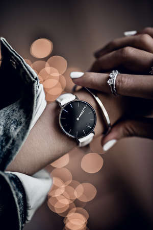 Stylish watch on woman handの写真素材