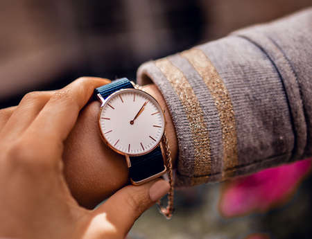 Stylish watch on woman handの写真素材