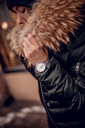 Stylish silver watch on woman handの写真素材