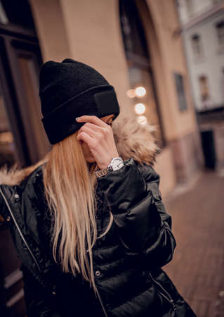 Stylish silver watch on woman handの写真素材