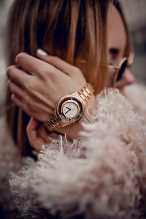 Stylish watch on woman hand
