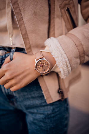 Stylish watch on woman handの写真素材