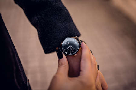 Stylish watch on woman handの写真素材