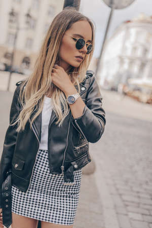 Stylish watch on woman handの写真素材