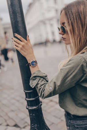 Stylish watch on woman handの写真素材