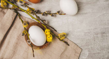 Easter holiday theme with little chick toys in nestの写真素材