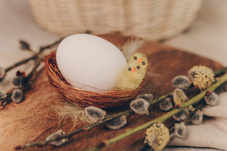 Easter holiday theme with little chick toys in nest