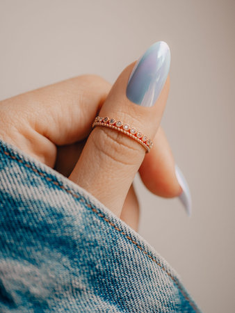 Blue nail manicure. Stylish pastel blue manicure.の写真素材