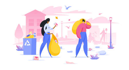Volunteers collecting trash in city flat vector illustration. Environment protection. Man and woman cartoon characters picking garbage in bag for recycling. People preserving natureのイラスト素材