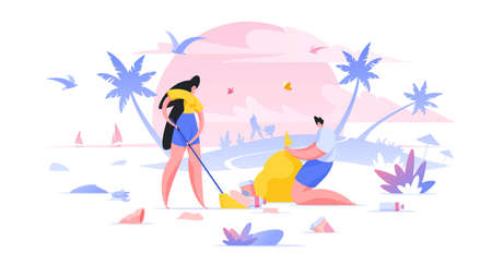 Volunteers cleaning beach together flat vector illustration. Social workers cartoon characters collecting garbage in bag. Tropical public area, dirty exotic park cleaning. Nature protectionのイラスト素材