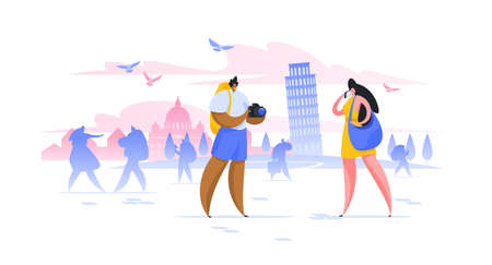 Sightseeing holiday in Italy flat vector illustration. Tourist taking photo of world famous Pisa landmark cartoon character. European attraction excursion. Vacation in Europe compositionのイラスト素材