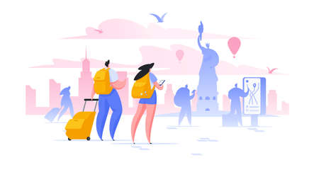 Sightseeing holiday in New York flat vector illustration. Male and female tourists taking photo of Statue of Liberty cartoon characters. Vacation in USA. World famous attraction excursionのイラスト素材