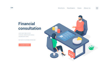 Woman sitting on chair and receiving money management advice from man amidst charts on isometric vector illustrationのイラスト素材