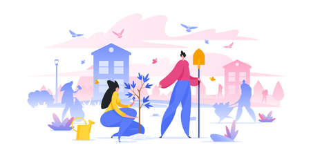 Volunteers planting trees in city flat vector illustration environment protectionのイラスト素材