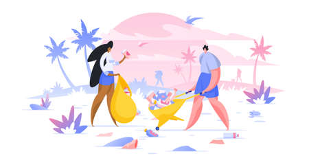 Volunteers collecting trash on beach flat vector illustrationのイラスト素材