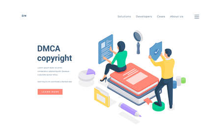 Man and woman checking intellectual property isometric vector illustrationのイラスト素材