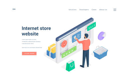 Man browsing Internet store website isometric vector illustrationのイラスト素材