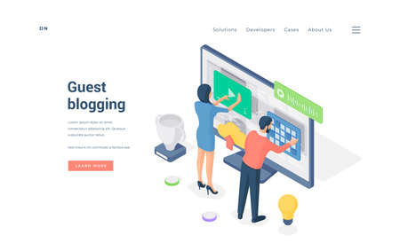 Banner of guest blogging website isometric vector illustrationのイラスト素材