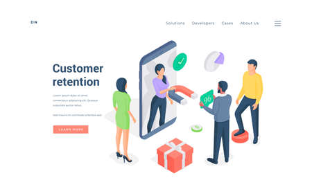 Customer retention activities for smartphone app. Woman with magnet attracting clients with discounts and gifts while representing customer retention measures on isometric website banner vector illustrationのイラスト素材