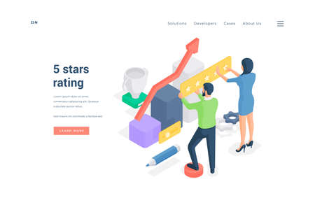 People rating excellent service online. Isometric man and woman giving 5 stars rating to excellent developing service on banner of websiteのイラスト素材