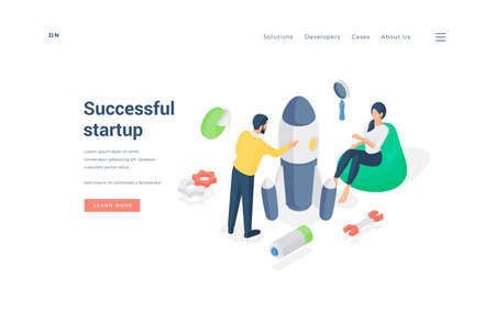 People launching successful startup project. Isometric vector illustrationのイラスト素材