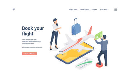 Couple booking airplane flight online. Isometric vector illustrationのイラスト素材