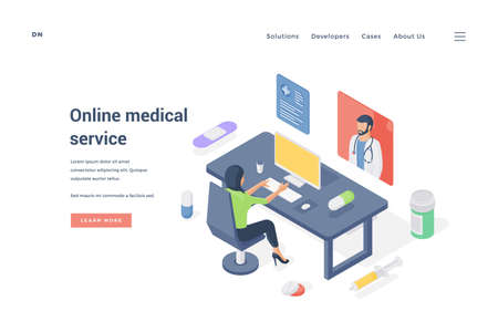 Woman using online medical service. Lady sitting at desk and consulting with doctor on computer on vector banner of online medical service website. Isometric vector illustrationのイラスト素材