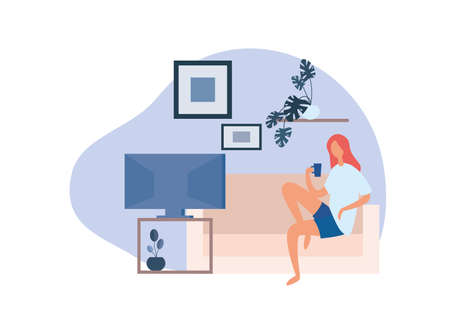 Female watching TV at home. Relaxed barefoot woman drinking hot beverage from mug while sitting on couch and watching TV while resting in cozy living room at home in eveningのイラスト素材