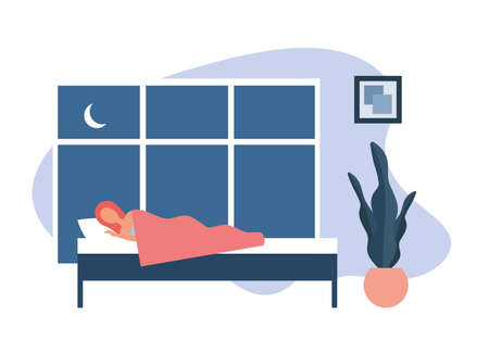 Lady sleeping in bed at home. Woman in nightwear peacefully sleeping on comfortable bed under warm blanket near potted plant and large window at night in cozy bedroom at homeのイラスト素材